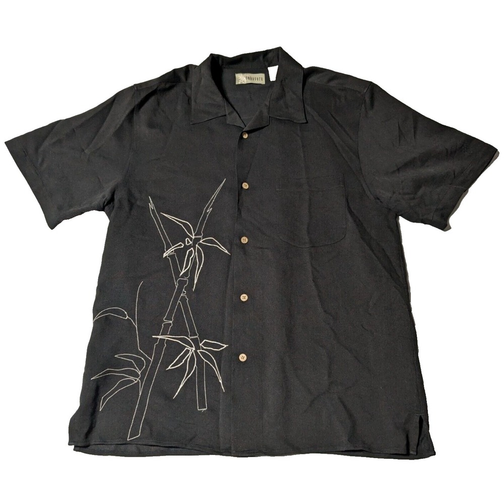 CUBAVERA Men Medium‎ Black Embroidered Bamboo Rayon Blend Button-Up Shirt
